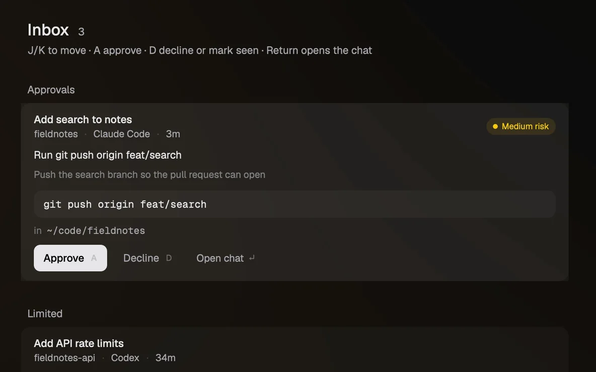 The Needs-you inbox: an approval to run git push origin feat/search marked medium risk, with Approve, Decline and Open chat