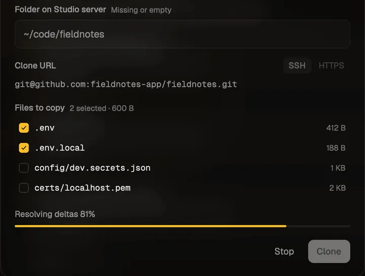 Add to Studio server: copying .env and .env.local along with the clone
