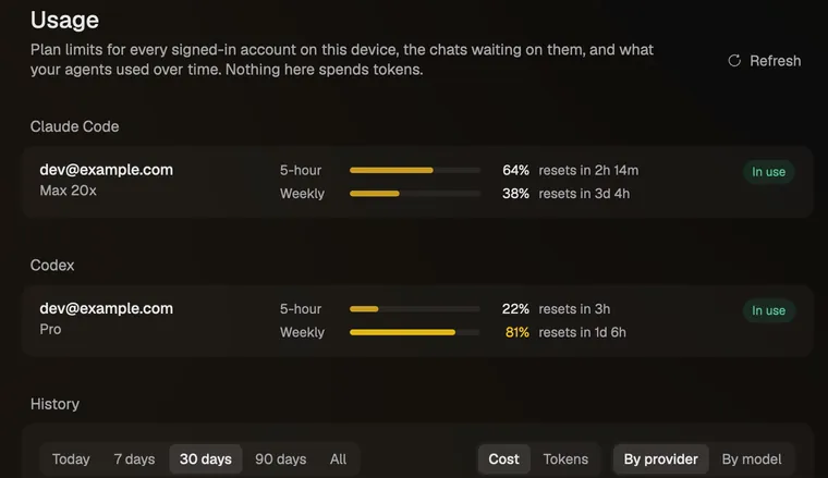 Settings, Usage: Claude Code at 64% of the 5-hour limit and Codex at 81% of the weekly limit